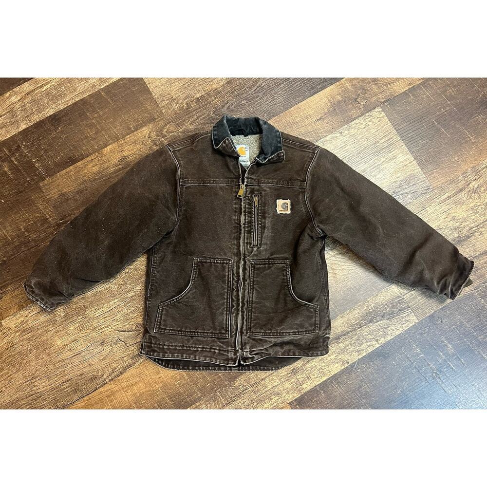 carhartt detroit jacket youth kids Medium brown faded sherpa lined workwear vtg